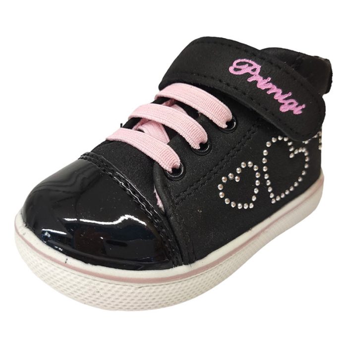 Sneakers cuori glitterati in vernice con chiusura a strappo colore nero e rosa Primigi fronte