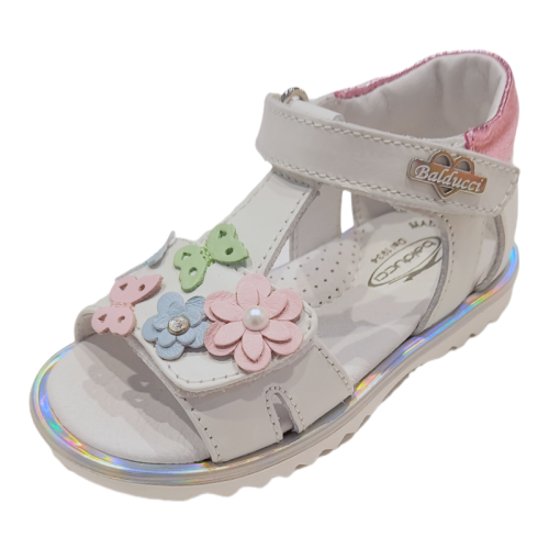 Sandali da bambina colore bianco con fiori e farfalle colorate frontali - Balducci