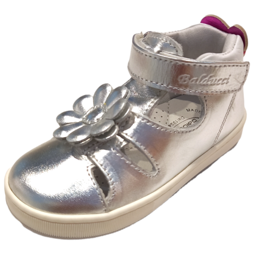 Sandalo a ragnetto da bambina colore argento con glitter e fiore frontale decorativo - Balducci