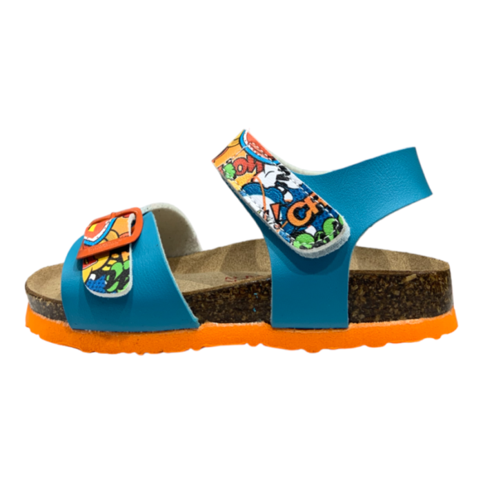 Sandalo bambino azzurro-arancione con scritte multicolor - BioNatura