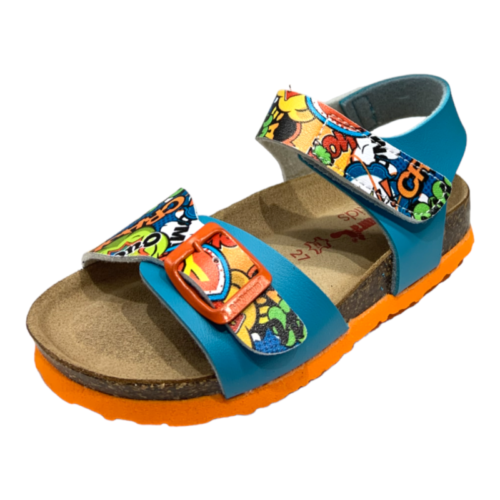 Sandalo bambino azzurro-arancione con scritte multicolor - BioNatura