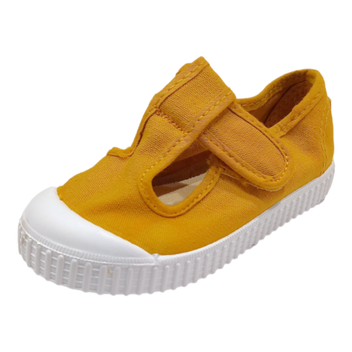 Scarpa di cotone sneakers unisex primi passi giallo curry con occhietti e chiusura a strappo - Victoria