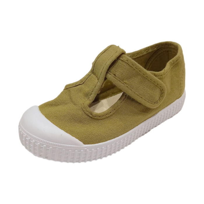 Scarpa di cotone sneakers unisex primi passi verde oliva con occhietti e chiusura a strappo - Victoria