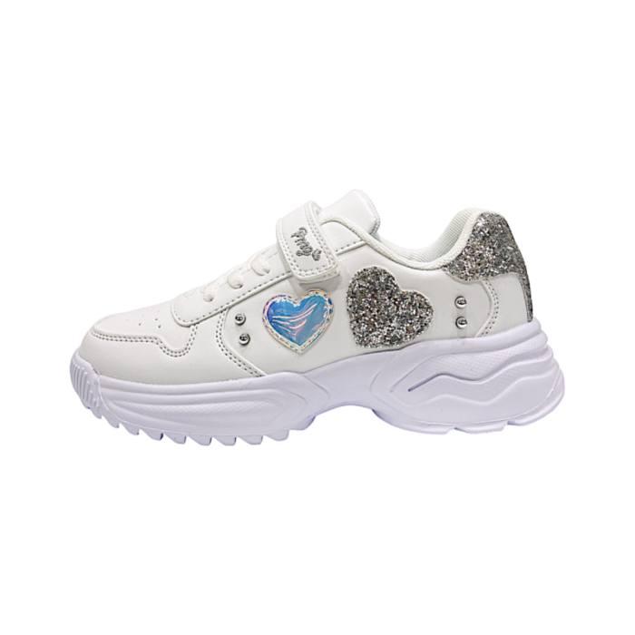 Scarpa ginnica bambina bianco-argento, cuore azzurro e glitter con strappo ed elastici - Primigi