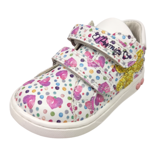 Sneakers bambina biancorosa con cuori e fiore giallo strass - Primigi