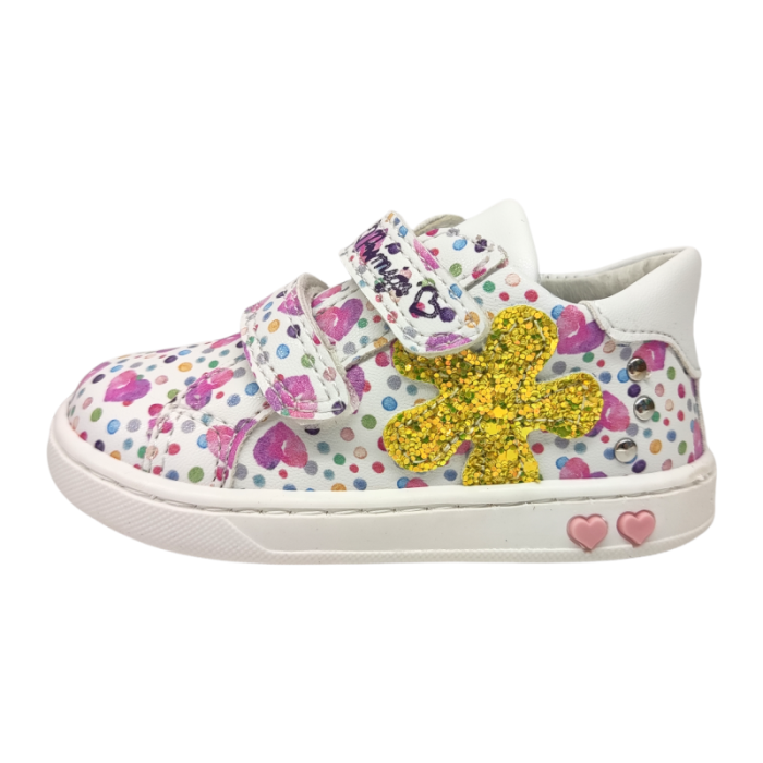 Sneakers bambina biancorosa con cuori e fiore giallo strass - Primigi