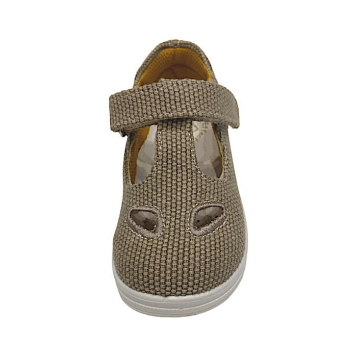 Sneakers con occhietti primi passi bambino in tessuto beige con strappo