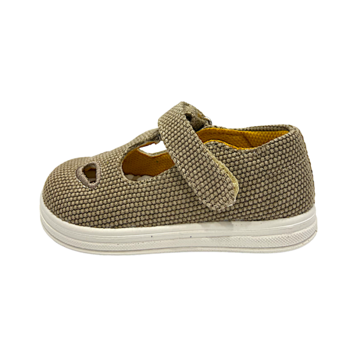 Sneakers con occhietti primi passi bambino in tessuto beige con strappo