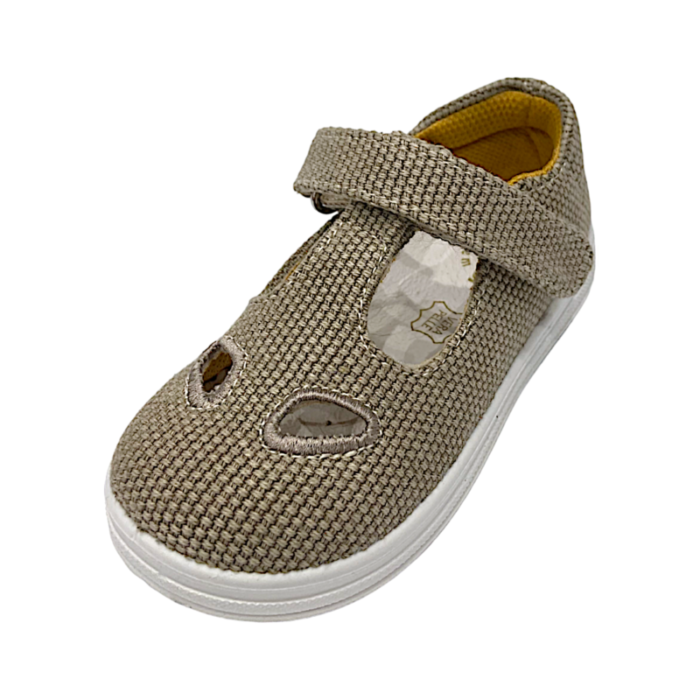 Sneakers con occhietti primi passi bambino in tessuto beige con strappo