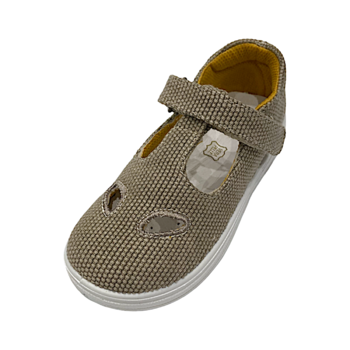 Sneakers con occhietti primi passi bambino in tessuto beige con strappo